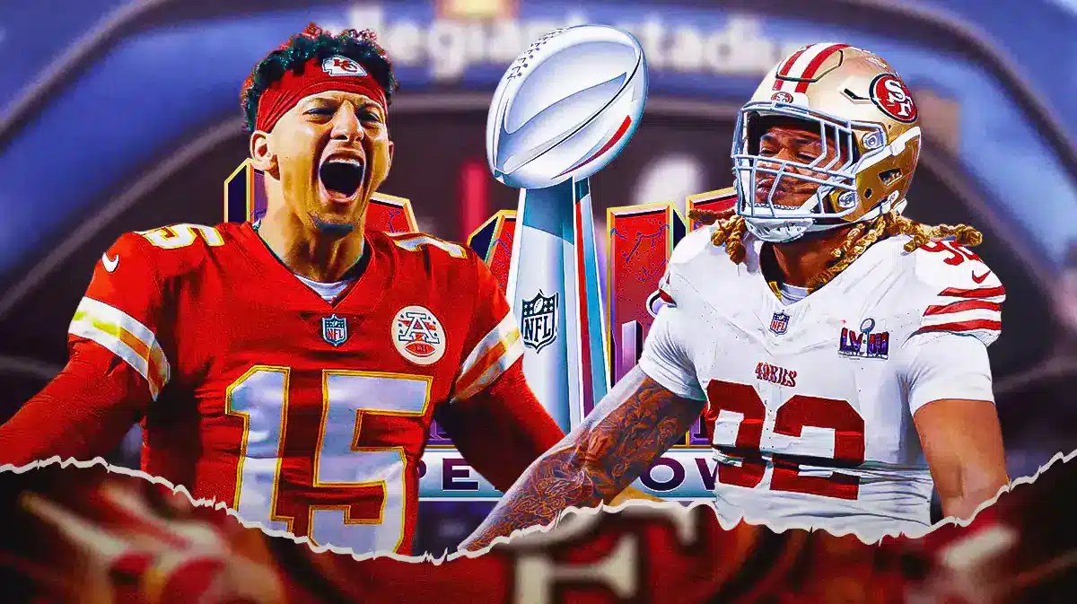 Chase Young, Patrick Mahomes. Super Bowl 58 logo