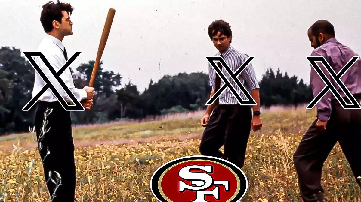 Replace the printer with 49ers logo and add logo of "X" (the social media app) to each of the men's body