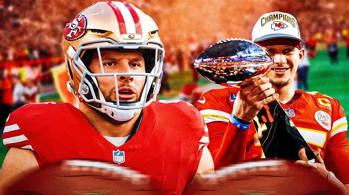 49ers' Nick Bosa in front looking serious. Chiefs' Patrick Mahomes holding the Super Bowl 58 trophy in background.