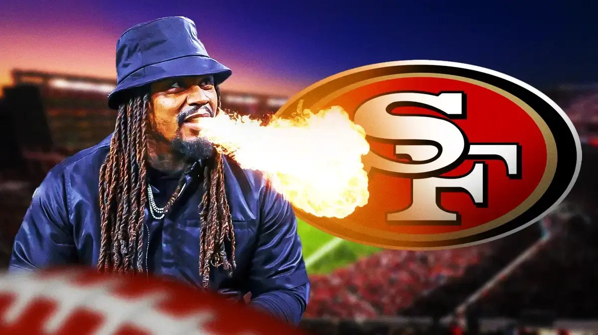 Marshawn Lynch breathing fire on 49ers logo