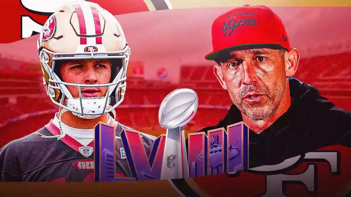 Brock Purdy, Kyle Shanahan. Super Bowl 58 logo