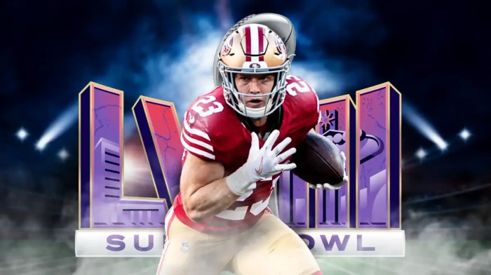 49ers' Christian McCaffrey with Super Bowl 58 logo
