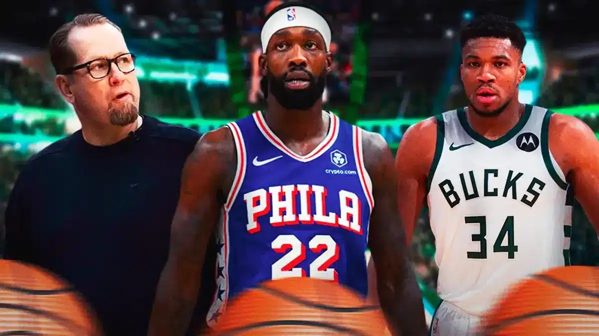 76ers' Nick Nurse and Patrick Beverley and Bucks' Giannis Antetokounmpo