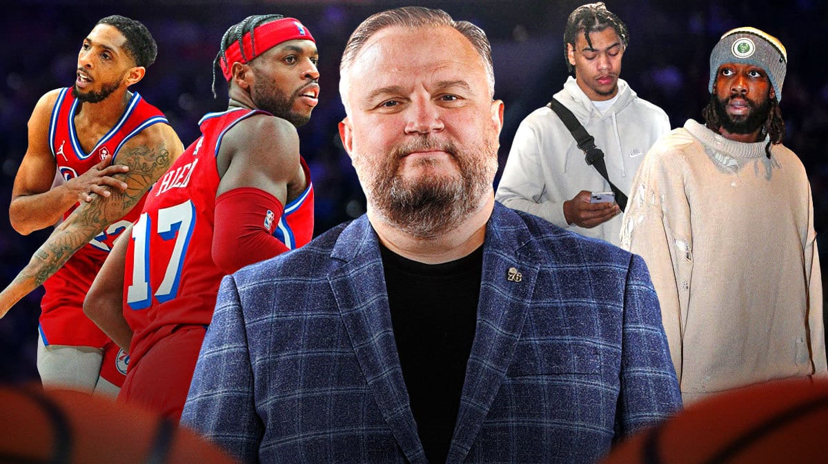 76ers' Buddy Hield, Cam Payne and Daryl Morey next to Jaden Springer and Patrick Beverley