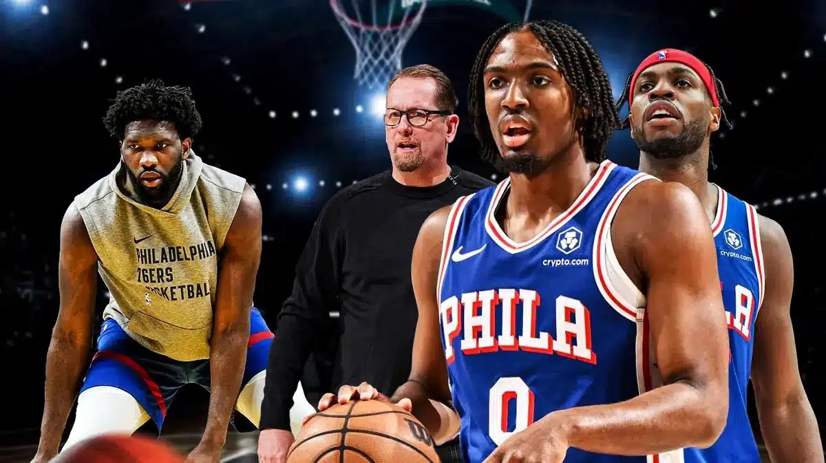 76ers' Joel Embiid, Nick Nurse, Tyrese Maxey and Buddy Hield