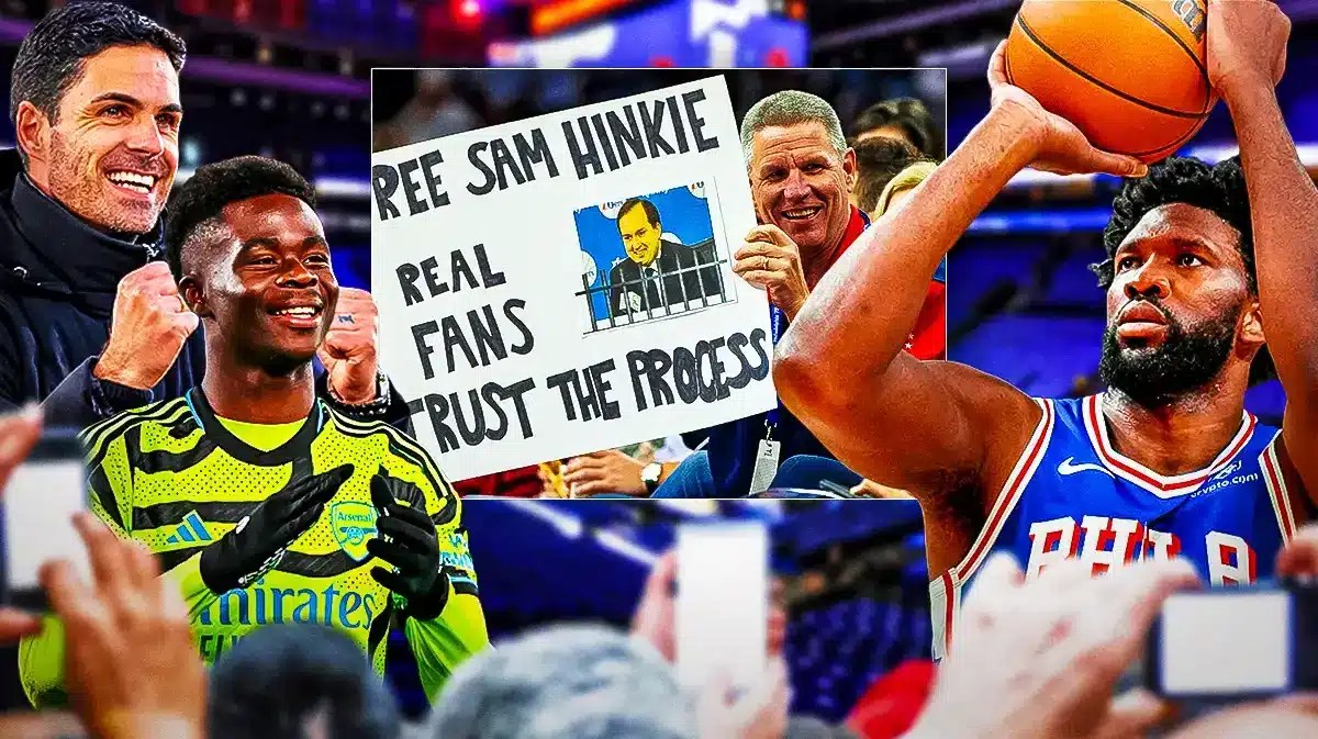 76ers' Joel Embiid hyped up, with Arsenal’s Mikel Arteta and Bukayo Saka smiling, background is a fan holding the trust the process sign