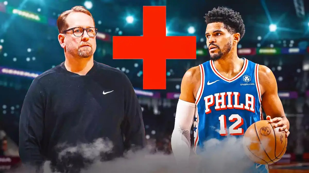76ers' Tobias Harris and Nick Nurse next to the healthcare symbol