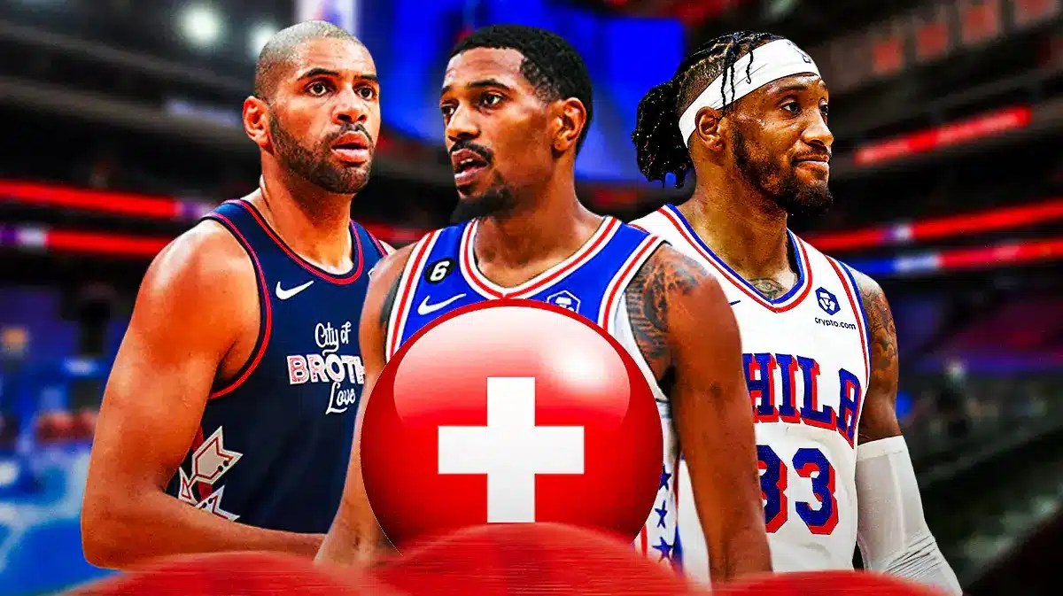 76ers' Nico Batum, De'Anthony Melton and Robert Covington standing behind a healthcare symbol