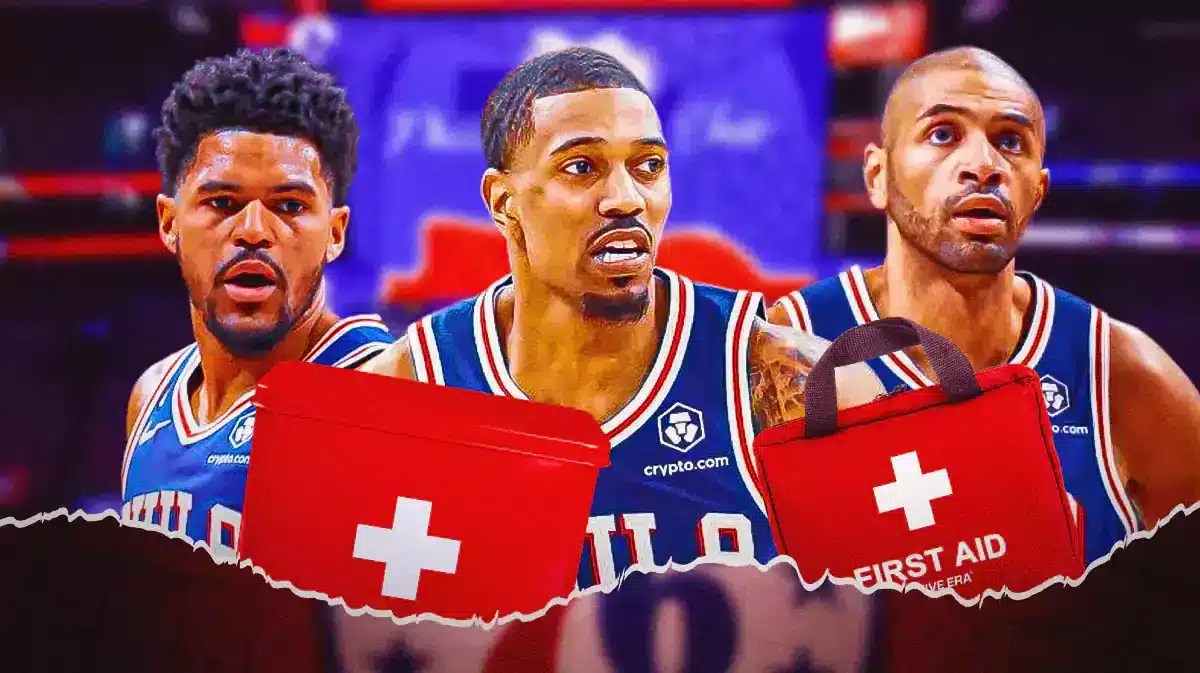 76ers' Tobias Harris, De'Anthony Melton and Nico Batum in front of first-aid kit