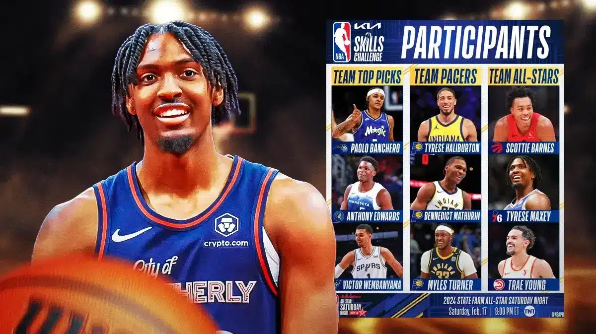 76ers' Tyrese Maxey next to the list of 2024 All-Star skills challenge participants