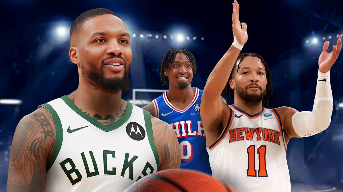 76ers Tyrese Maxey with Damian Lillard and Jalen Brunson