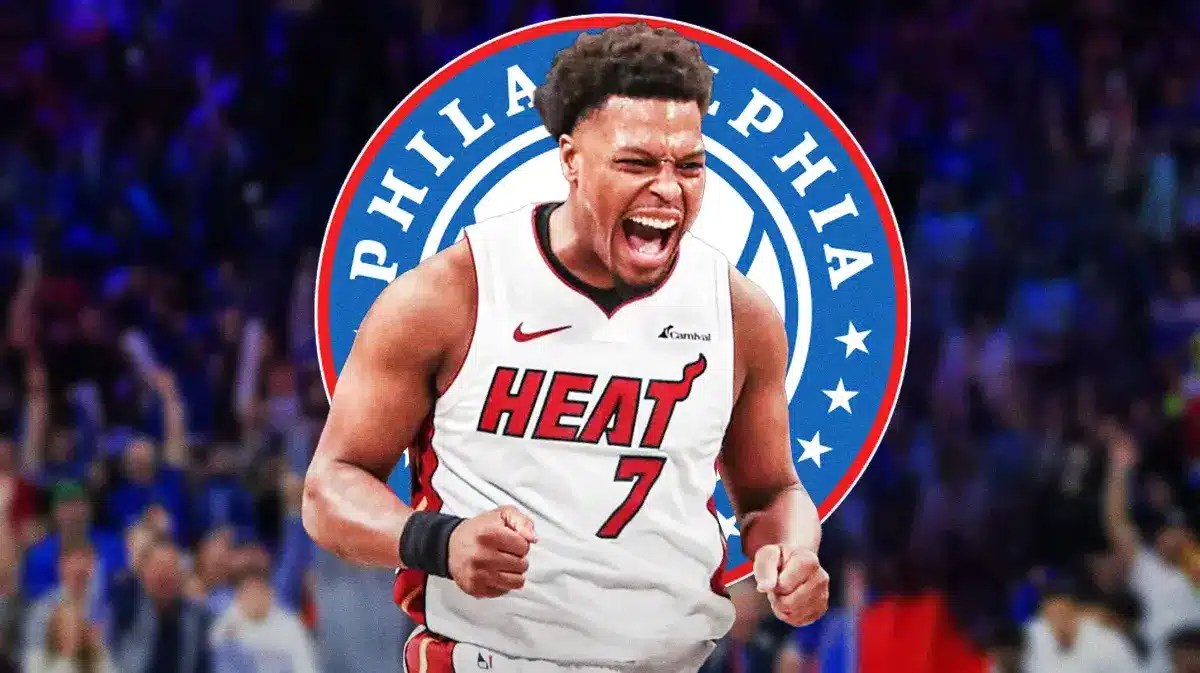 NBA player Kyle Lowry in a Miami Heat jersey in front of a Philadelphia 76ers logo