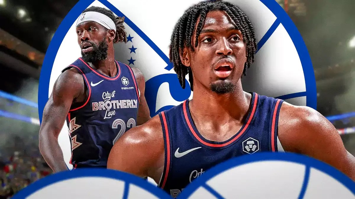 Photo: Tyrese Maxey in Sixers gear with Patrick Beverly in Sixers gear and Sixers logo behind them