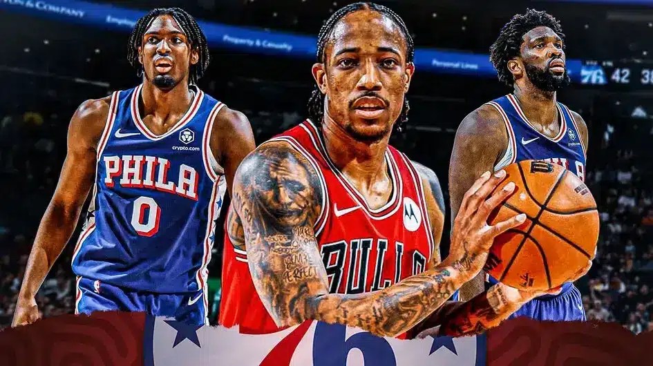 DeMar DeRozan next to Joel Embiid and Tyrese Maxey