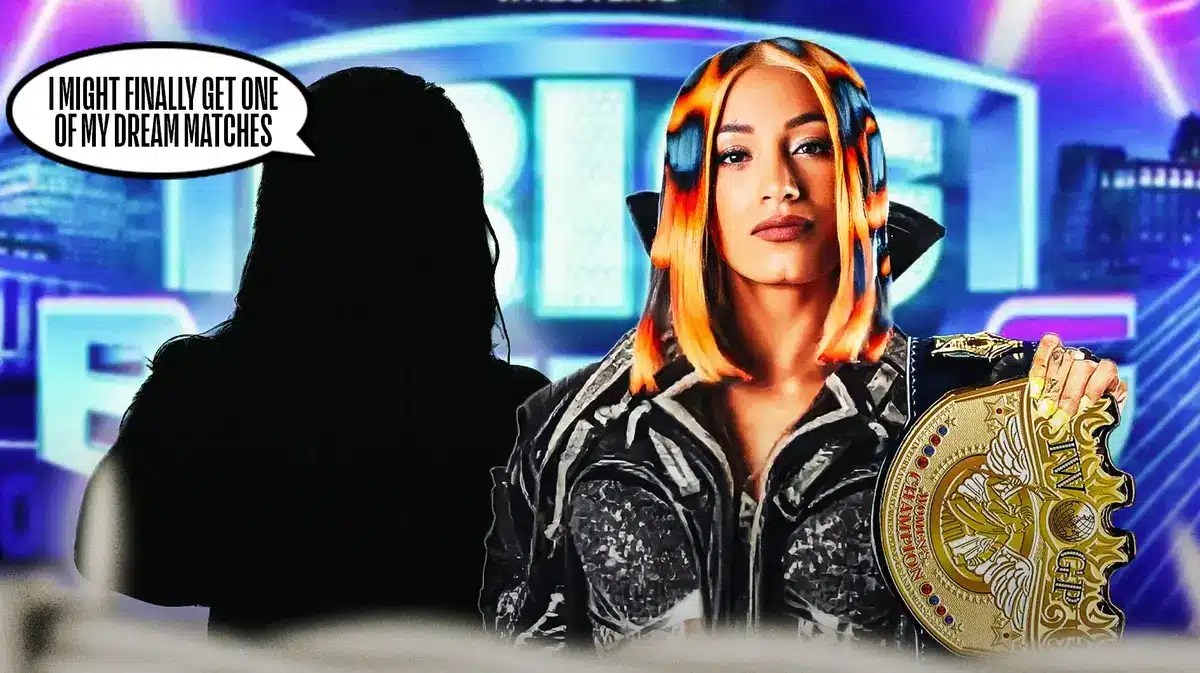 Mercedes Mone next to the blacked out silhouette of AEW’s Athena with a text bubble reading “I might finally get one of my dream matches” with the AEW Big Business logo as the background.