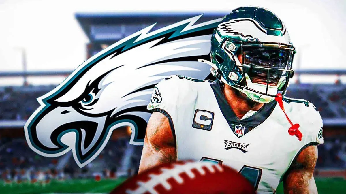 Photo: AJ Brown in Eagles uniform with Eagles logo behind him