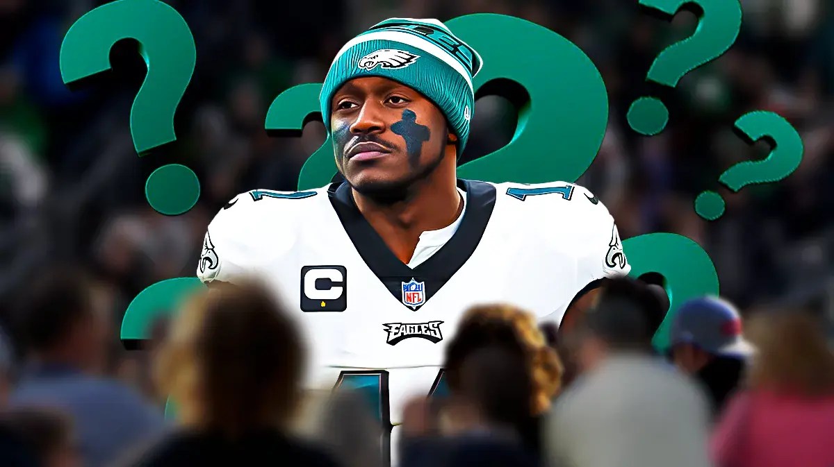 Eagles' AJ Brown with several question marks above his head