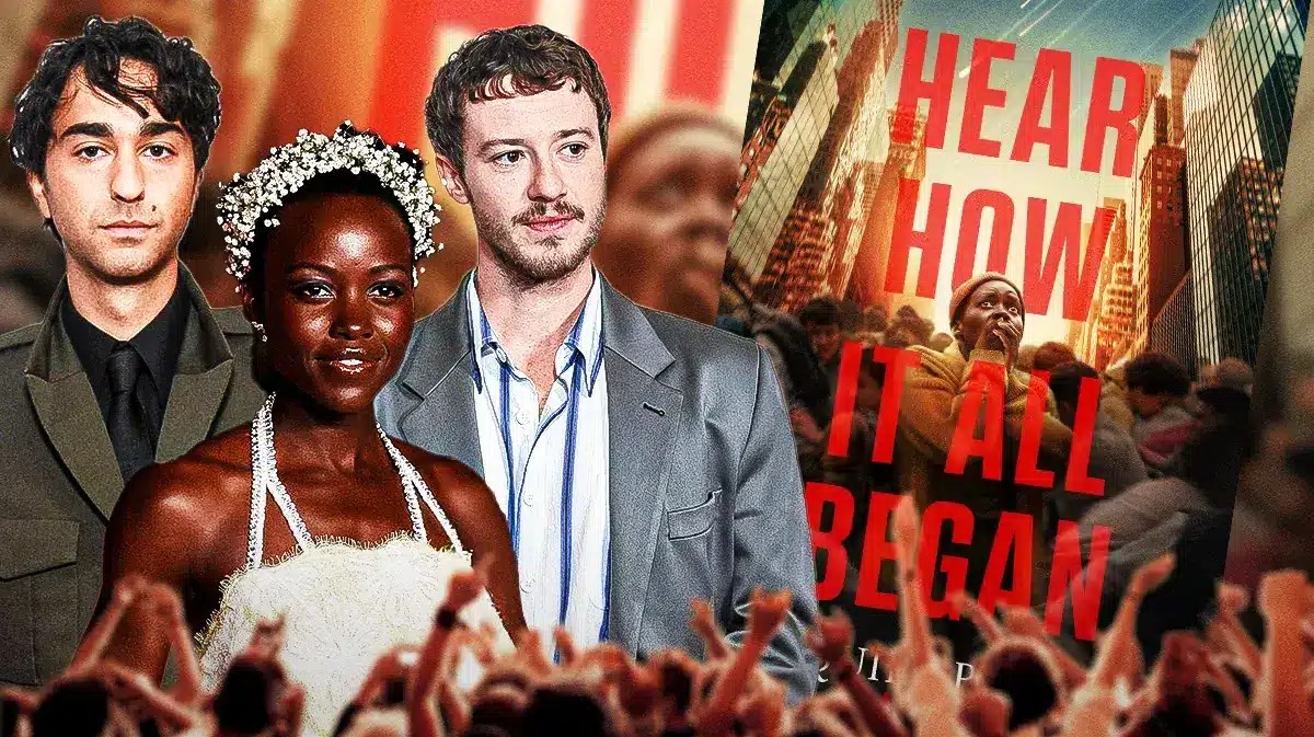 Alex Wolff, Lupita Nyong'o, and Joseph Quinn next to A Quiet Place: Day One poster.