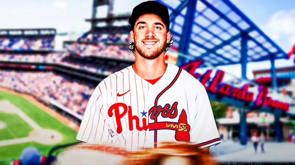Aaron Nola wearing a half Phillies jersey, half Braves jersey in front of half Citzen's Bank Park, half Truist park