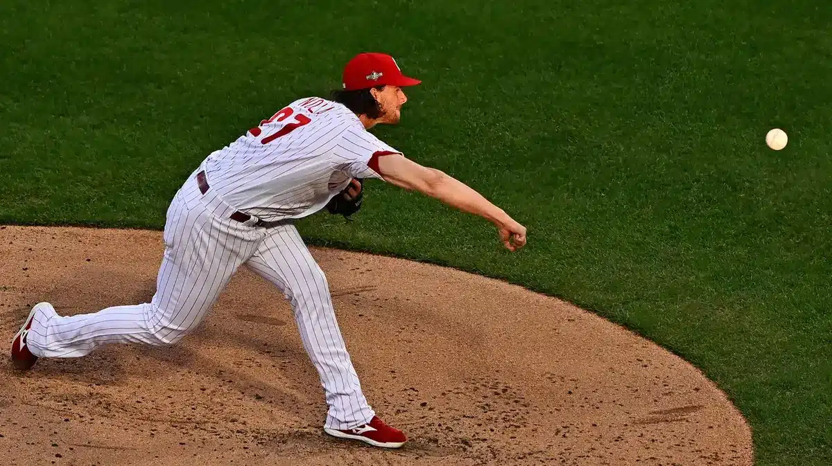Philadelphia Phillies starting pitcher Aaron Nola (27) pitches during the second inning against the Arizona Diamondbacks in game six of the NLCS for the 2023 MLB playoffs at Citizens Bank Park.