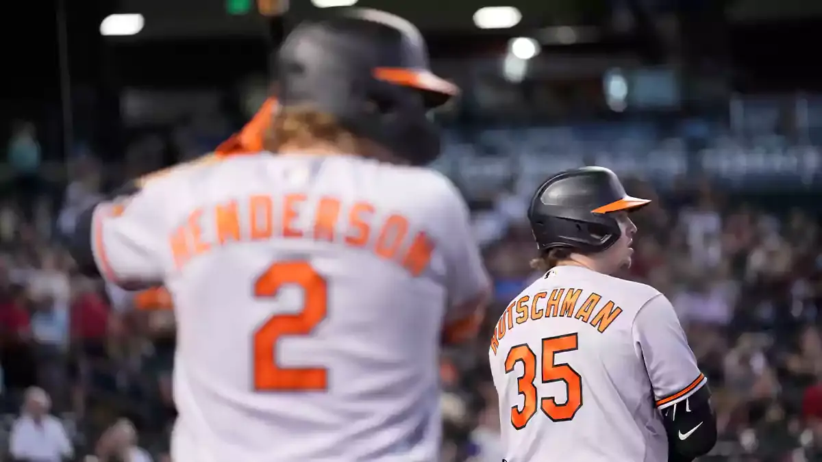 Baltimore Orioles shortstop Gunnar Henderson (2) and Baltimore Orioles catcher Adley Rutschman (35) at Chase Field.