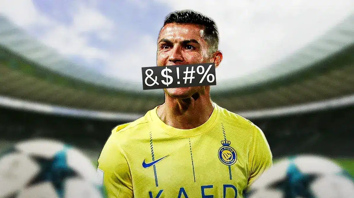 Cristiano Ronaldo yelling in a Al Nassr kit with an NSFW symbol over his mouth following the Lionel Messi chants in the Saudi Pro League