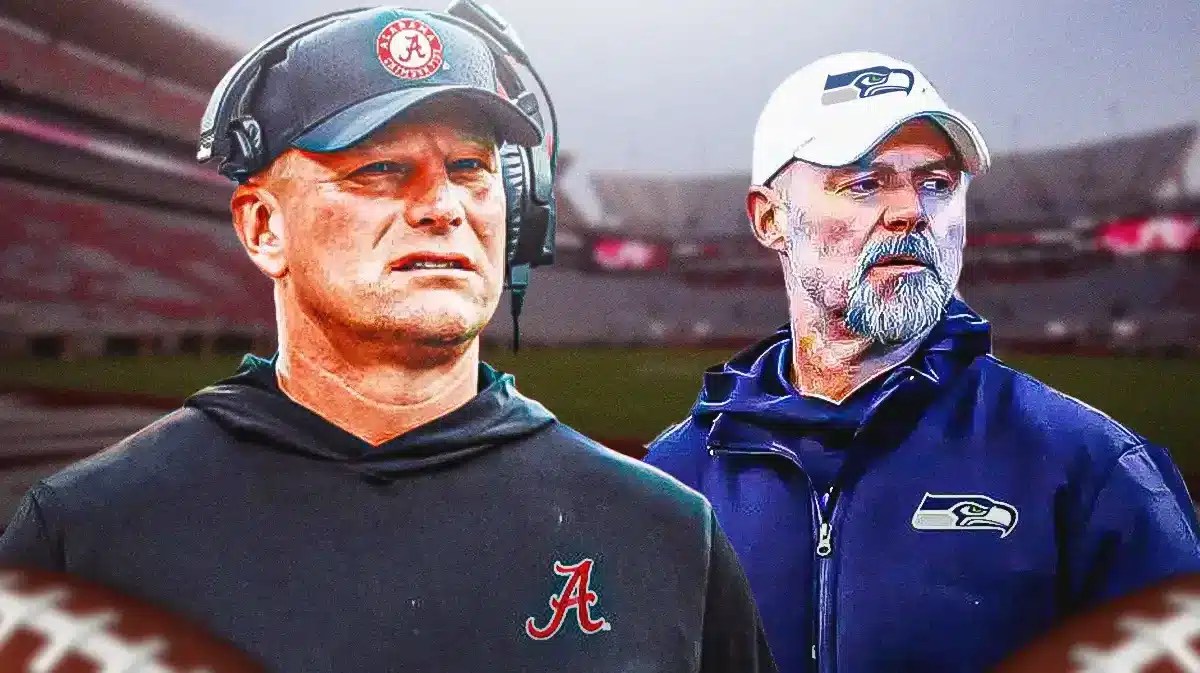 Alabama football coach Kalen DeBoer looking at Ryan Grubb.