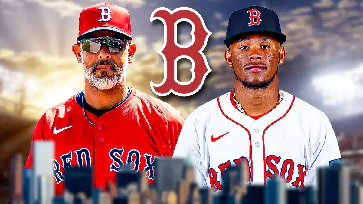 Red Sox' Alex Cora stands next to Ceddanne Rafaela amid Spring Training, AL East fans in background