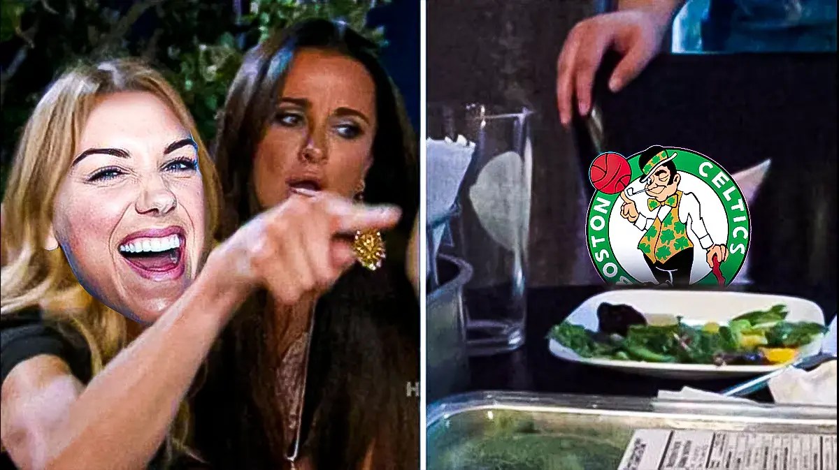 Alex Morgan (USWNT star) as the angry woman on the left then add Celtics logo on the cat