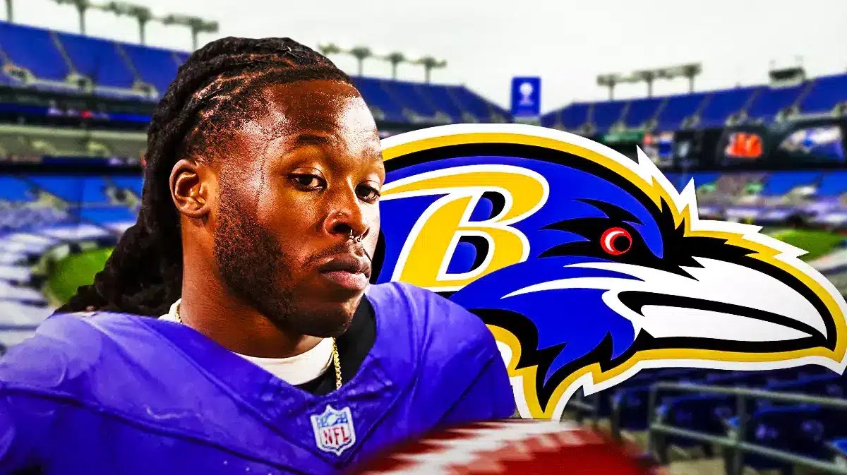 Alvin Kamara wearing a Ravens jersey next to a Ravens logo at M&T Bank Stadium