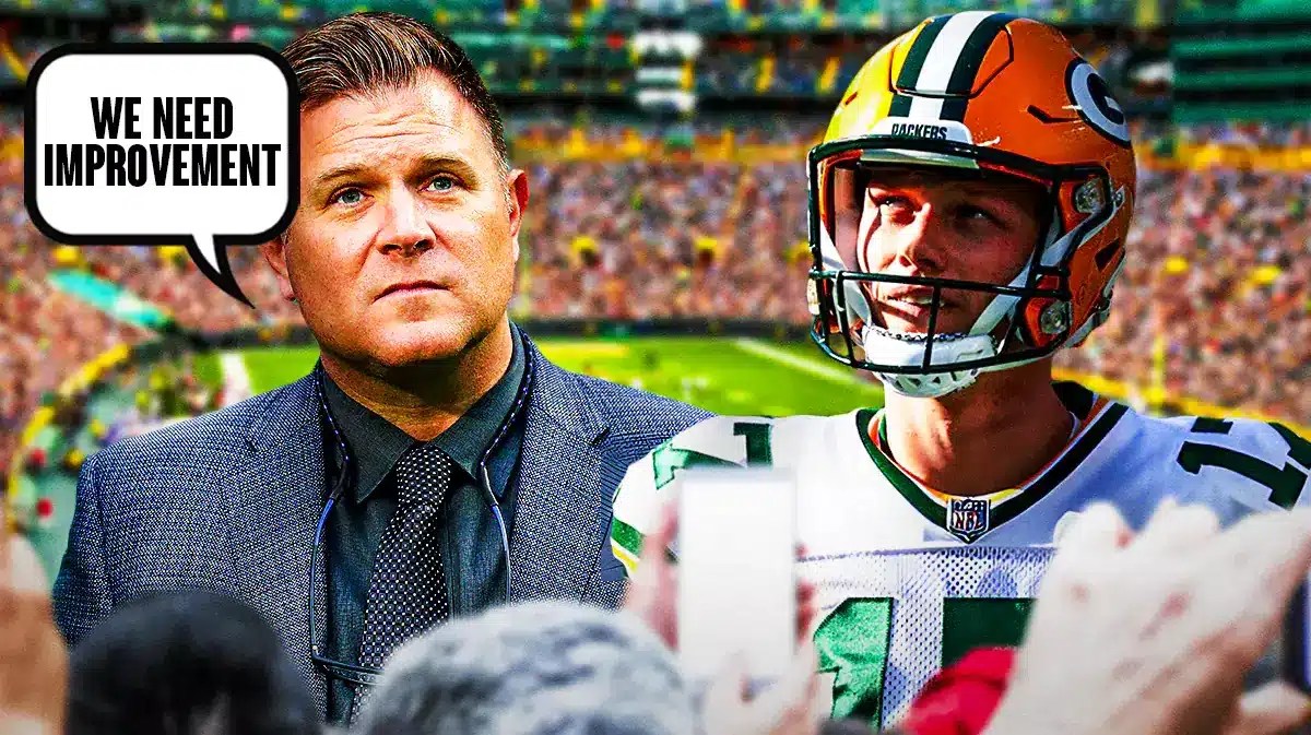 Brian Gutekunst next to Anders Carlson (Packers) Caption from Gutekunst saying “We need improvement”