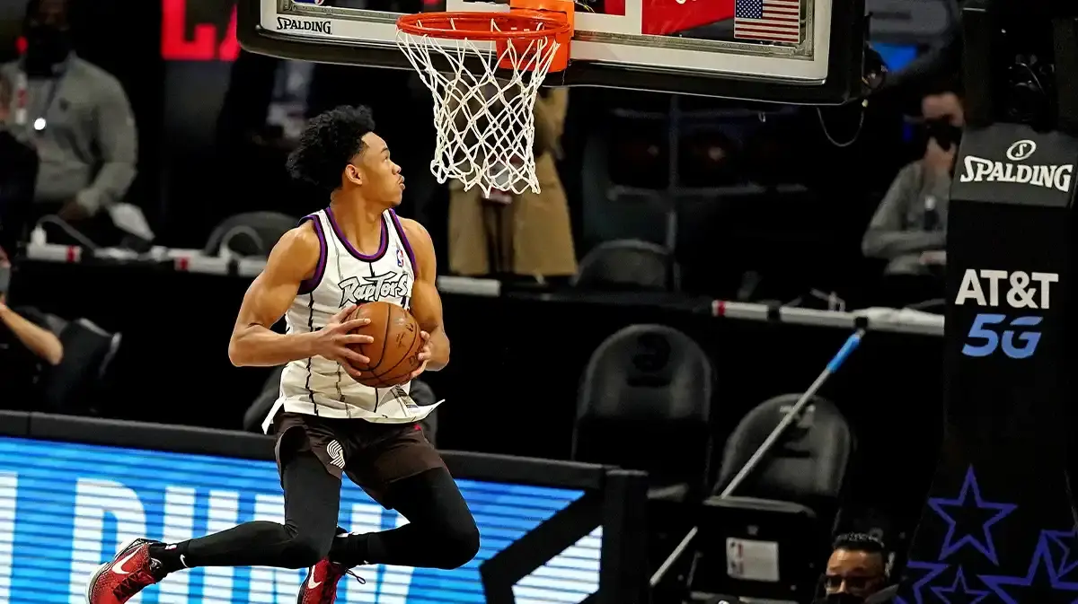 Portland Trailblazers guard Anfernee Simons (1) competes during the NBA All-Star Dunk Contest at State Farm Arena.
