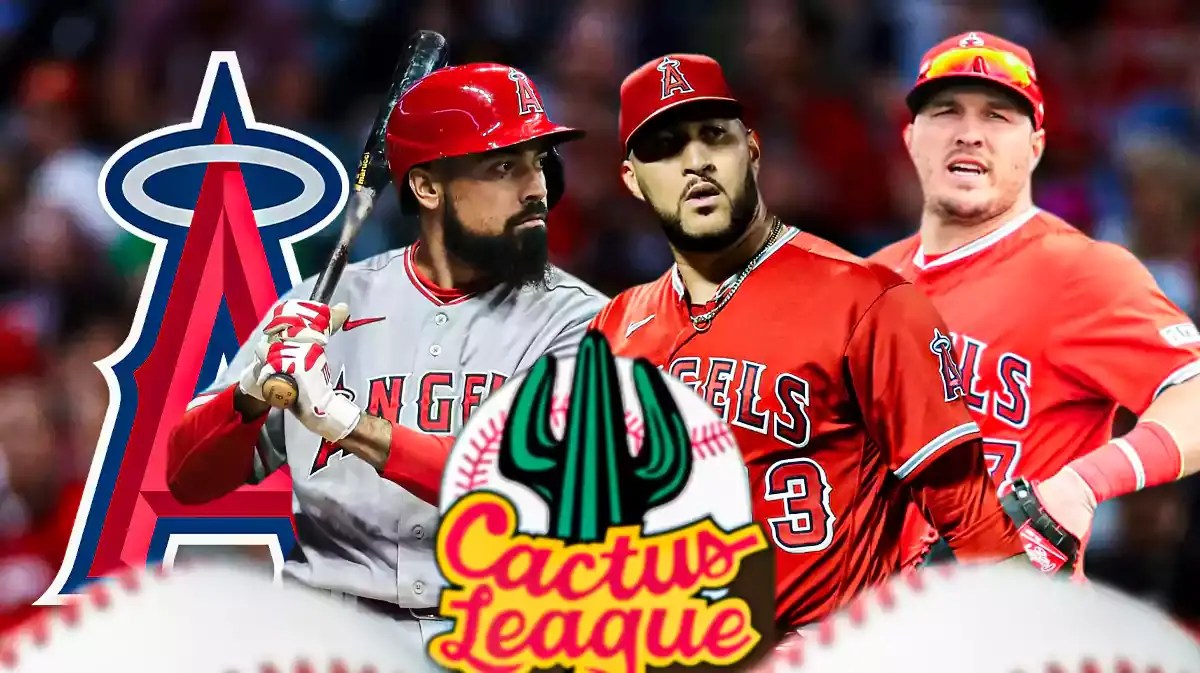 Carlos Estevez, Anthony Rendon, Mike Trout all together with Angels logo in background. In front is Cactus League logo.