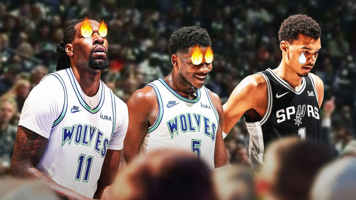 Anthony Edwards and Naz Reid with fire in their eyes. Victor Wembanyama sad with animated tears, with Target Center as the background