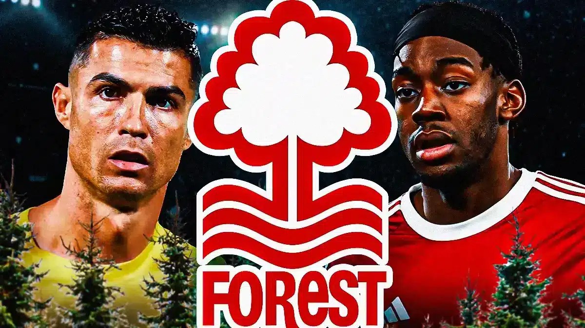 Anthony Elanga and Cristiano Ronaldo in front of the Nottingham Forest logo