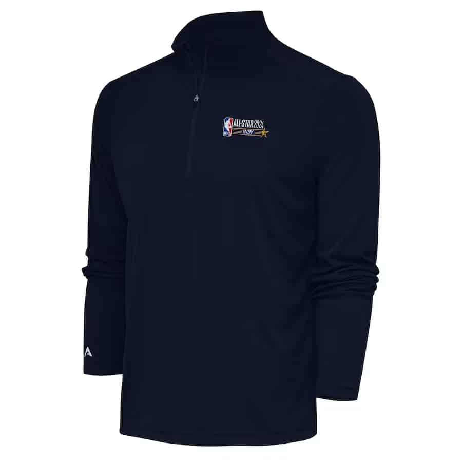 Antigua 2024 NBA All-Star Game Tribute Quarter-Zip Pullover Top - Navy colored on a white background.