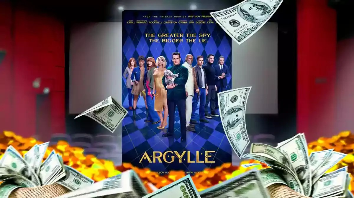 Argylle poster in a movie theater and burning money