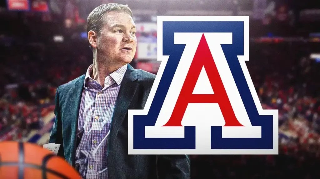 Tommy Lloyd next to the Arizona basketball logo
