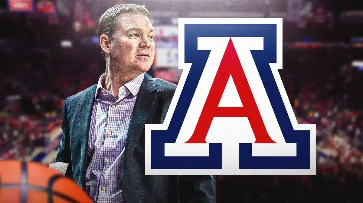 Tommy Lloyd next to the Arizona basketball logo