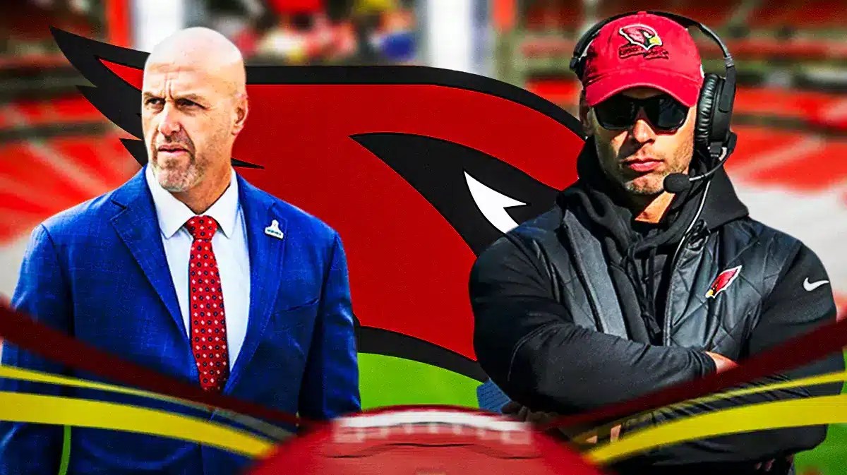 Monti Ossenfort and Jonathan Gannon in front of a Cardinals logo