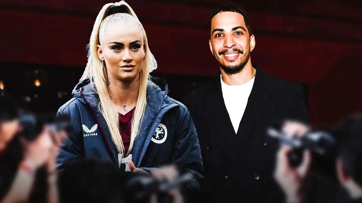Alisha Lehmann and Troy the Magician in front of the Aston Villa logo