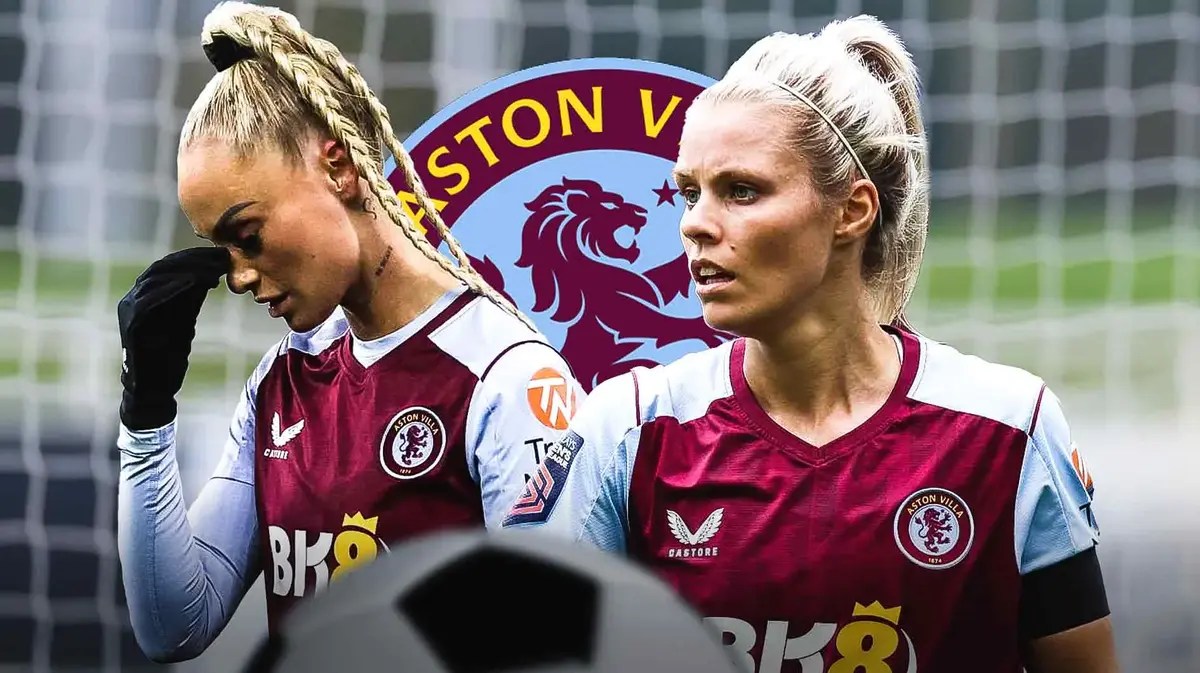 Alisha Lehmann and Rachel Daly in front of the Aston Villa logo