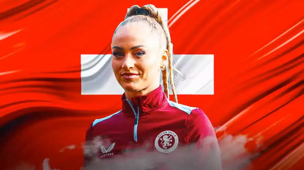 Alisha Lehmann in front of the Swiss flag Aston Villa