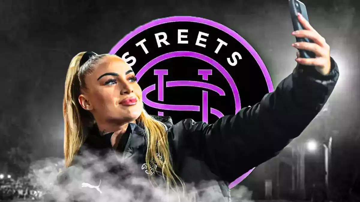 Alisha Lehmann selfie in front of the Streets United logo