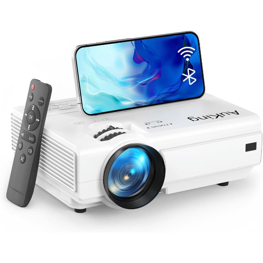 AuKing Mini Projector with WiFi and Bluetooth, Full HD 1080P on a white background.