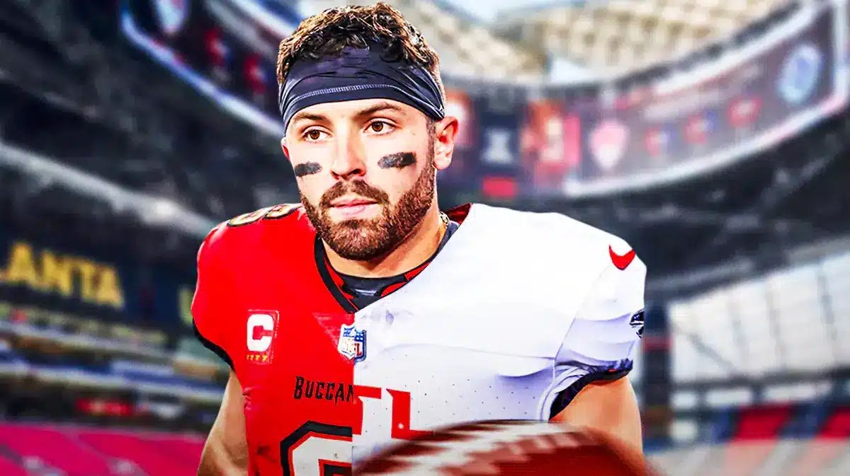 Baker Mayfield wearing a half Buccaneers, half Falcons jersey