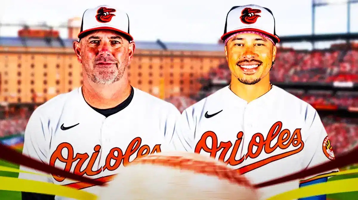 Brandon Hyde next to Kolten Wong wearing an Orioles jersey. Background is Camden Yards