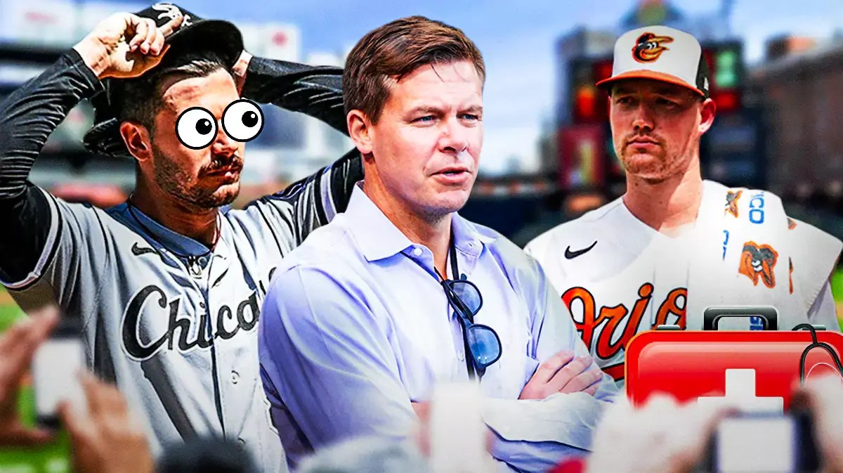 Chris Getz in the middle, Kyle Bradish on one side with an injury kit in front of him, Dylan Cease on the other side with the big eyes emoji over his face