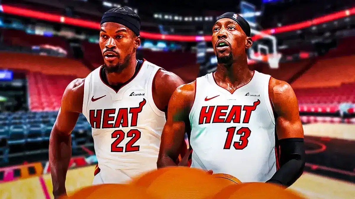 Miami Heat stars Jimmy Butler and Bam Adebayo in front of the Kaseya Center.