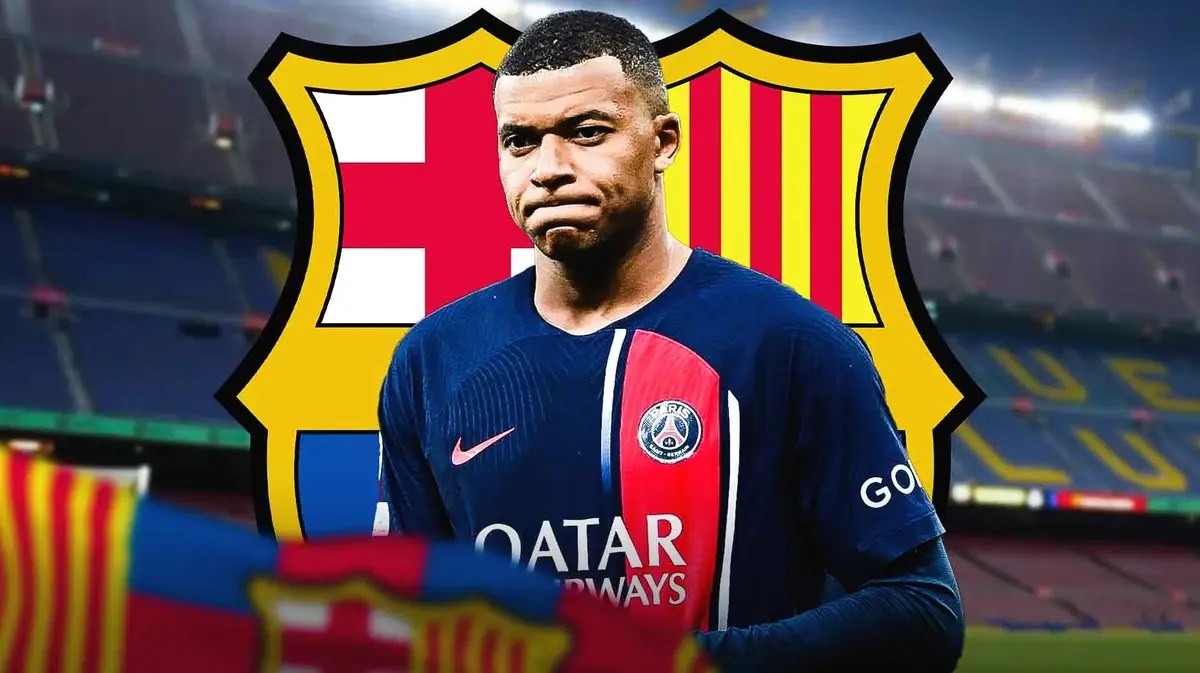 Kylian Mbappe in front of the Barcelona logo